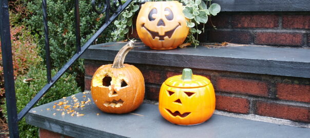 For Halloween in 2008, our front steps featured a real pumpkin along with plastic and ceramic versions. Guess which one the rascally squirrels and chipmunks preferred? (File photo by Hilda M. Morrill)